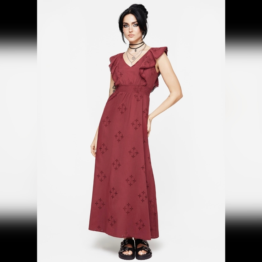 Disturbia Crux Broderie Cotton V-Neck Frill Maxi Dress